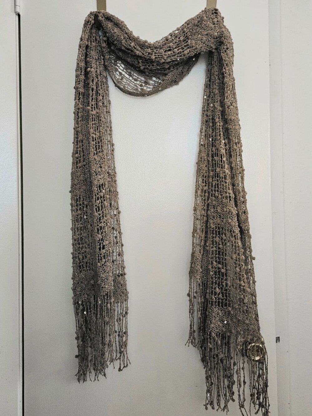 New Beige Long Scarf Soft Sequin Fringe Dressy